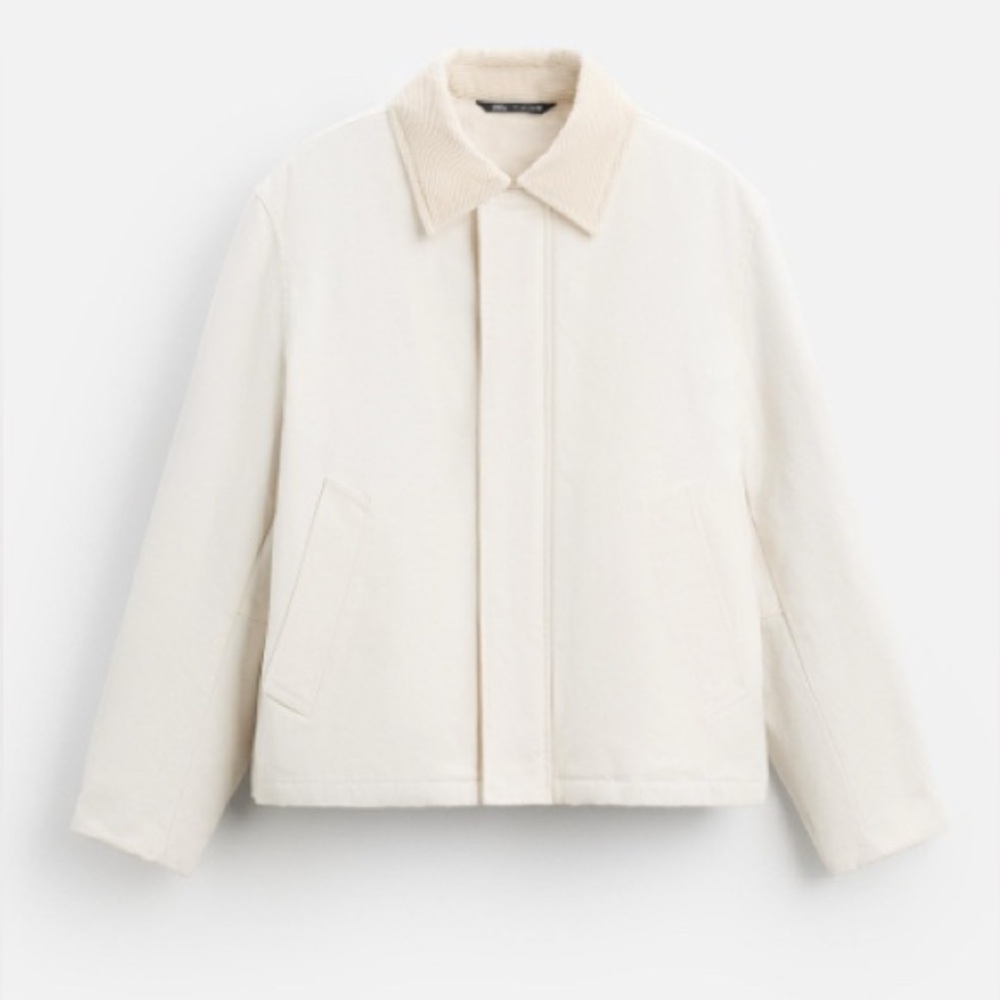 Zara Men’s mixed collar Ecru jacket corduroy trim NWT L
